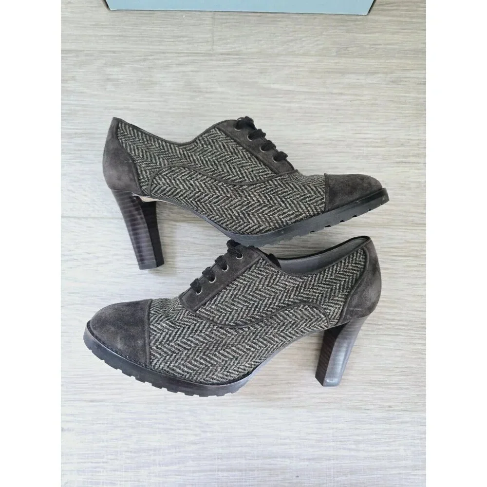 Johnston and Murphy Gail Piped Oxford Herringbone Brown Green Pinup 40s Heels 8